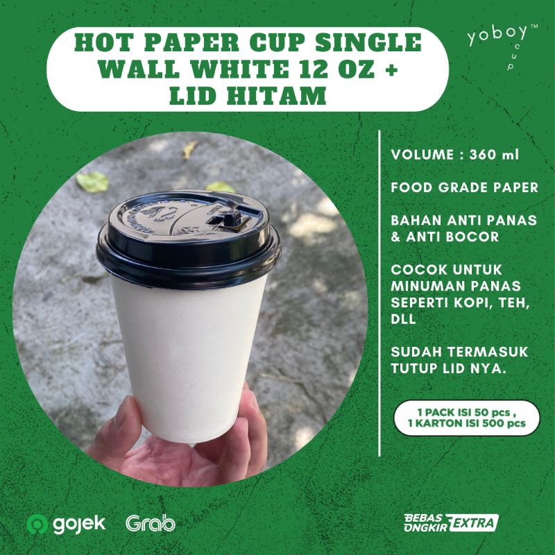 HOT PAPER CUP SINGLE WALL PUTIH 12 oz + TUTUP WARNA HITAM (1 PACK ISI 50 PCS)