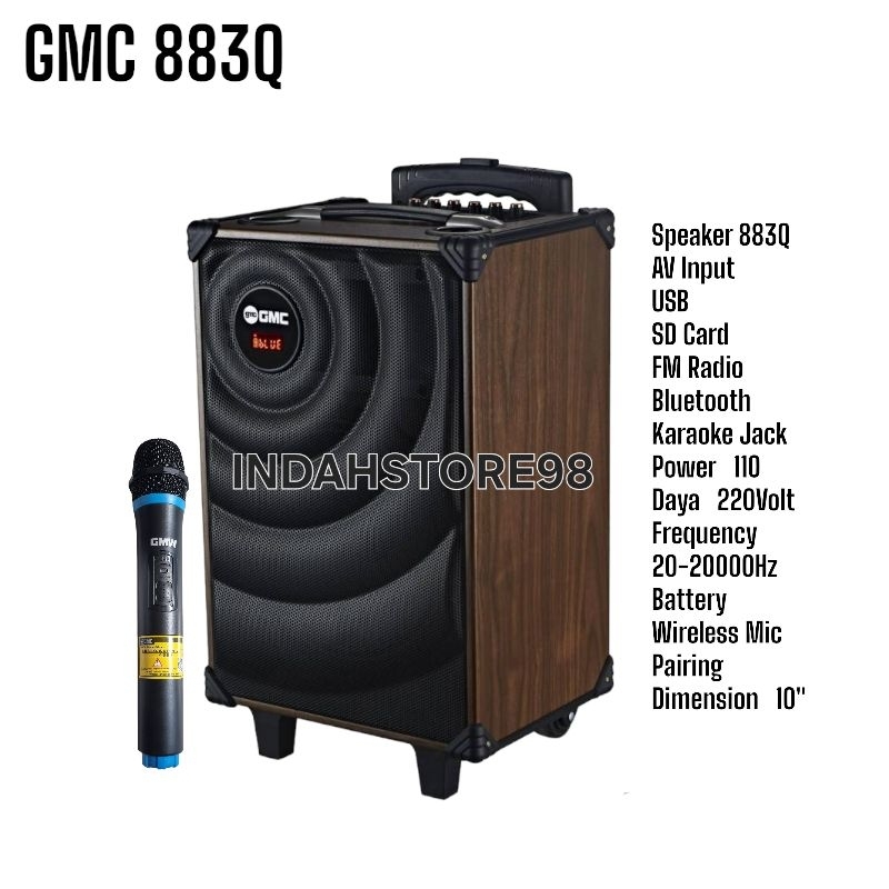 Speaker Portable 10 inc GMC 883Q Bluetooth Karaoke Extra Bass 1 Mic Wireless Original Spiker