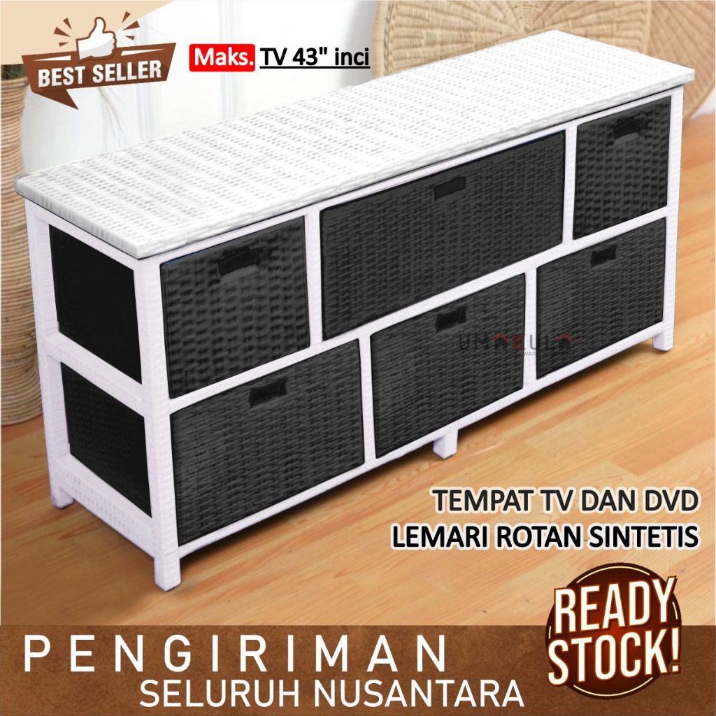Rak Lemari Rotan Sintetis 6 Laci Bufet Buffet Meja TV 43 Inci Ruang Tamu Minimalis Serbaguna Murah