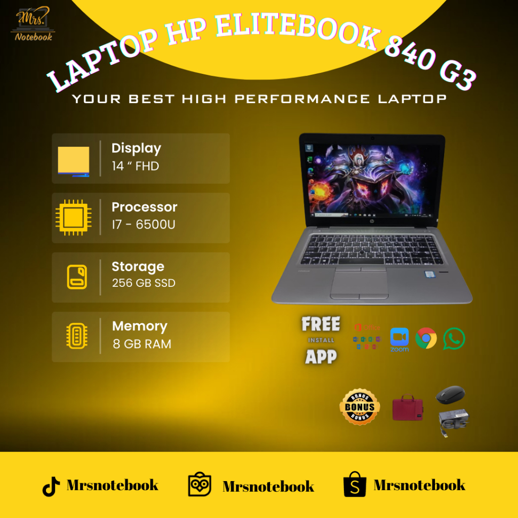 Laptop Hp Elitebook 840 G3 Core i7 Gen 6 Ram 8GB SSD 256GB Slim Backlight Windows 10 pro - BERGARANS