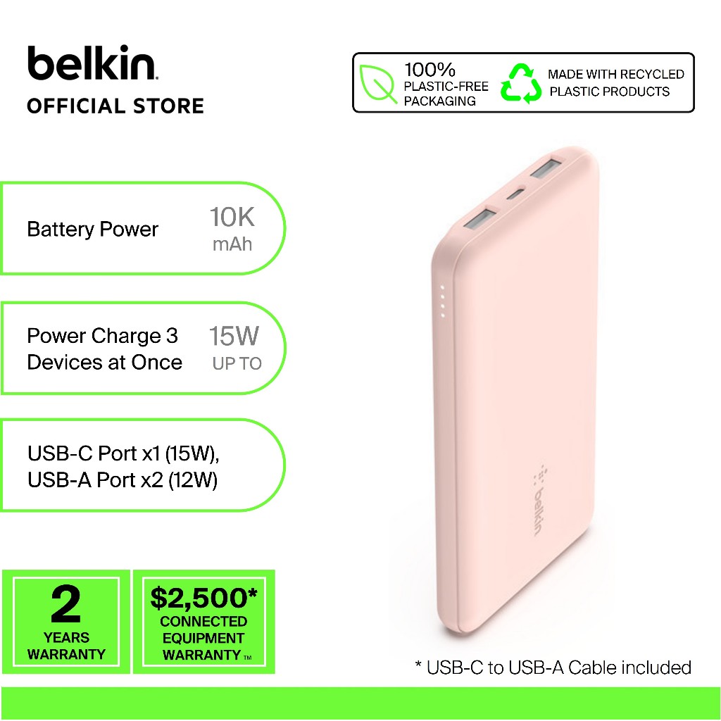 Belkin BPB011bt Pink BoostCharge Power Bank 10K USB-C PD Fast charge (Iphone15, Ipad, Tablet, Earbud