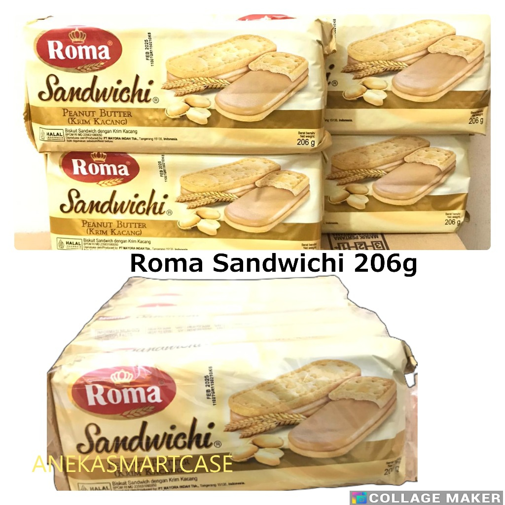 

ROMA SANDWICHI PEANUT BUTTER Netto 206g-BISKUIT LAPISAN KRIM KACANG LEMBUT