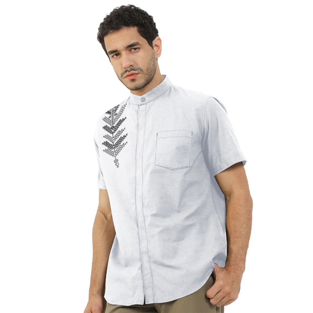 Al Jabari - Baju Koko Pria Dewasa Lengan Panjang Lengan Pendek / Baju Muslim Pria Bordir Motif Simple Bahan Katun Mikro Premium-White Optic