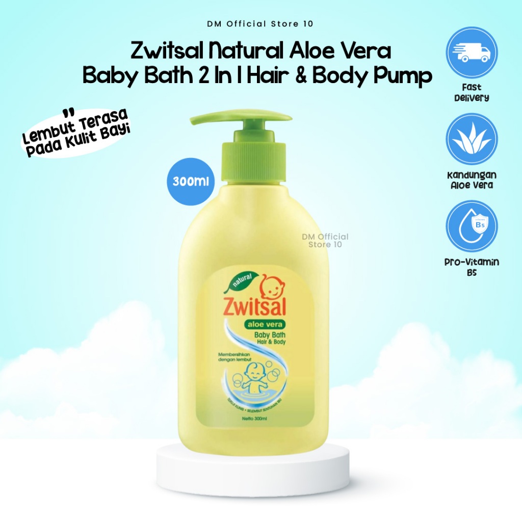 Zwitsal Natural Aloe Vera Baby Bath 2 In 1 Hair & Body Pump 300ml Sabun Dan Sampo Anak Perlengkapan 