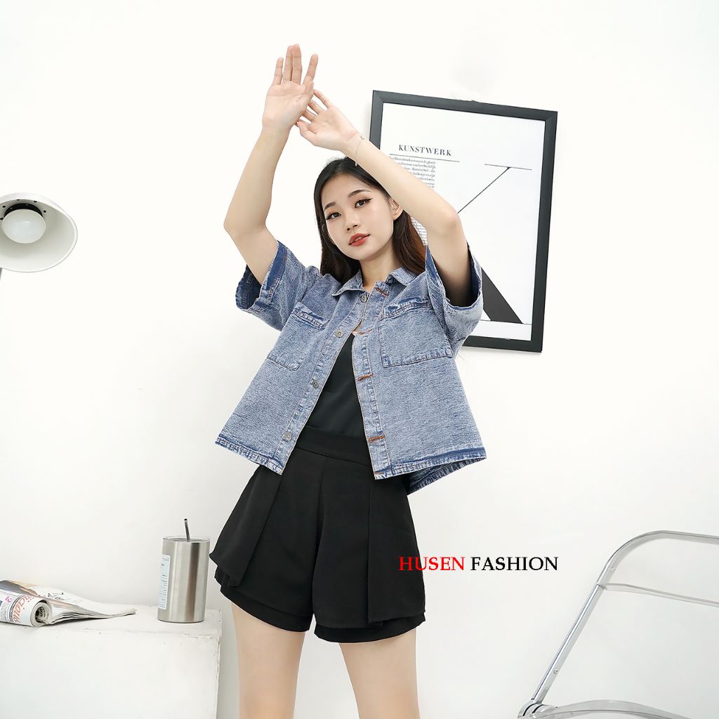 KEMEJA JEANS DENIM ATASAN WANITA LENGAN PENDEK/KEMEJA JEANS CROP