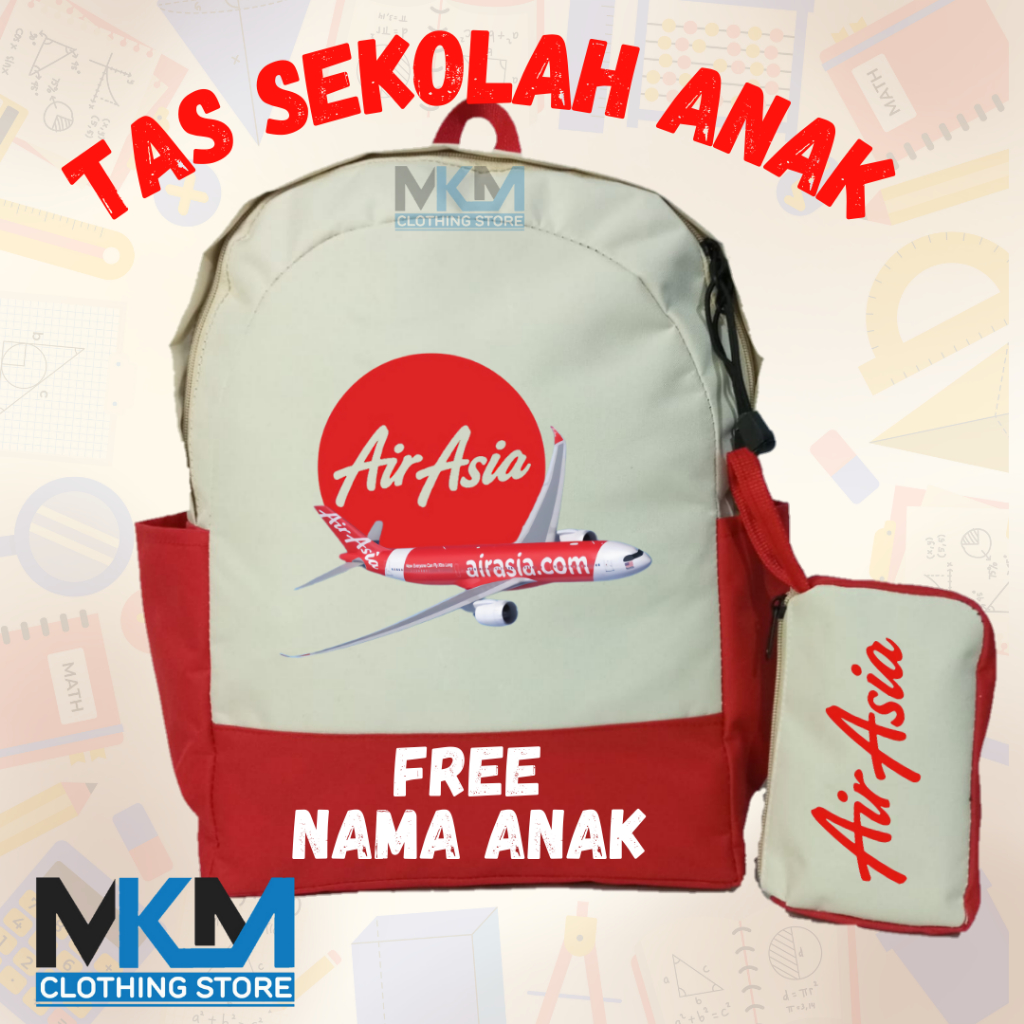 Tas Anak Pesawat Air Asia I Tas Anak Sekolah Custom Pesawat Air Asia  {FREE CETAK NAMA}