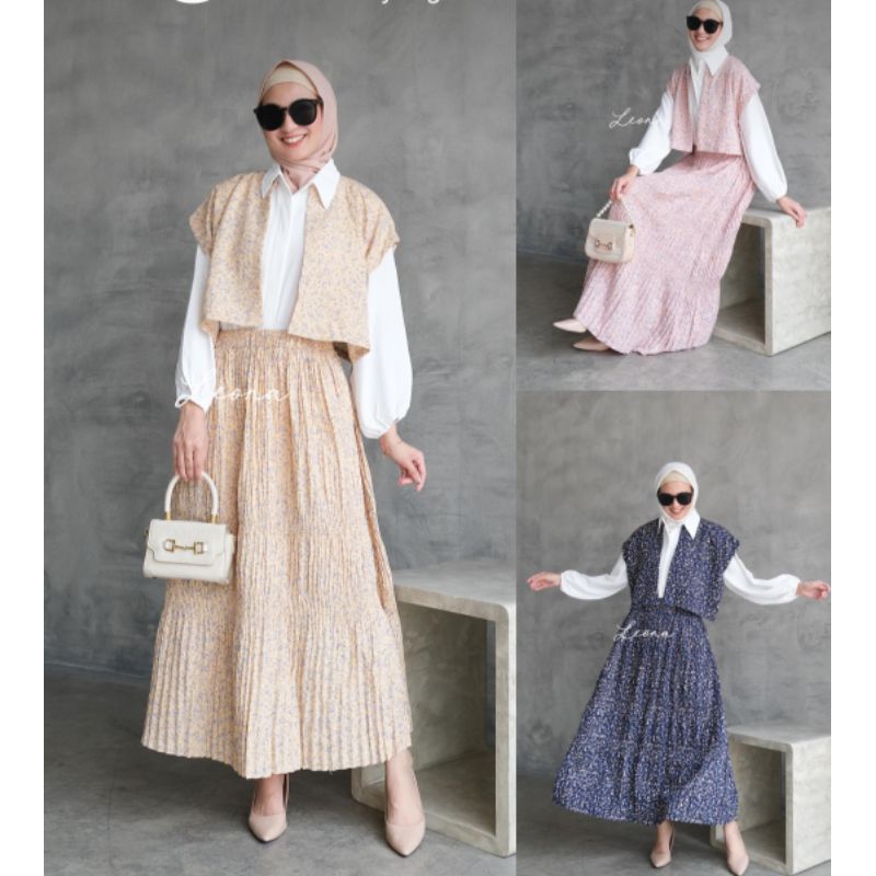 Oneset wanita Korea vintage kemeja rompi bunga dan rok plisket|kemeja mix rompi|koreastyle|gamis mot