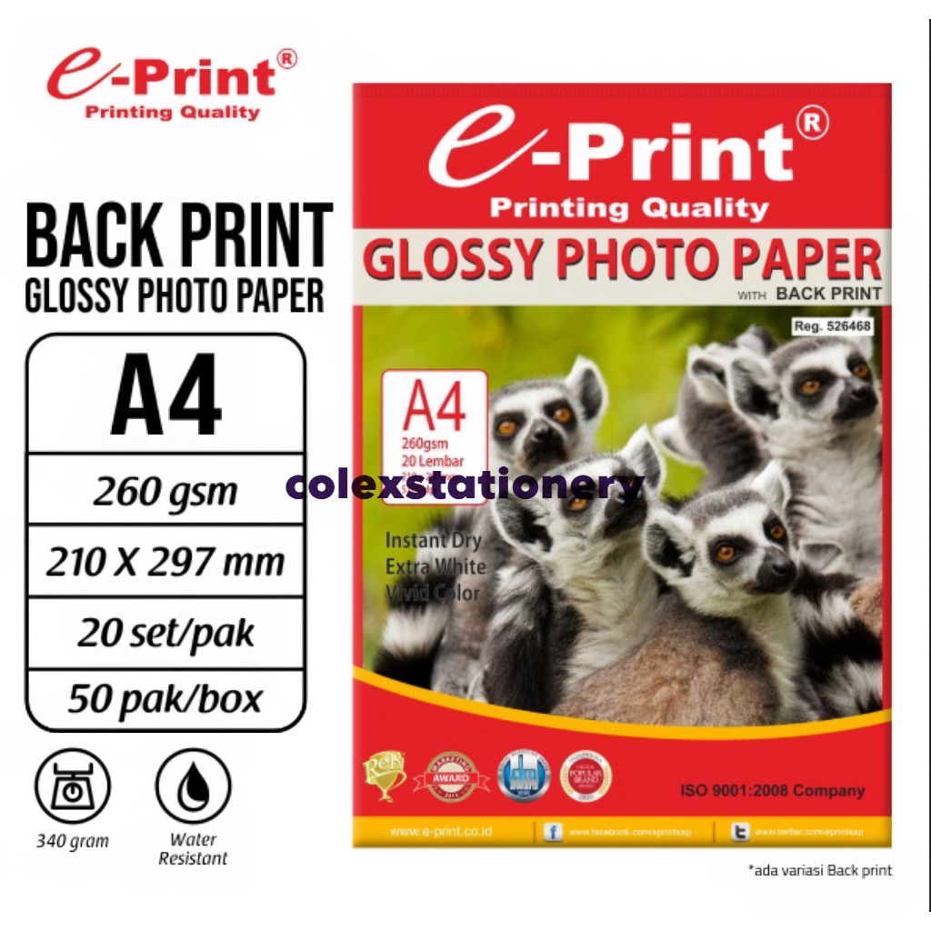 

Kertas Foto / Glossy Photo Paper With Back Print Ukuran A4 260 Gsm Isi 20 Sheets E-print