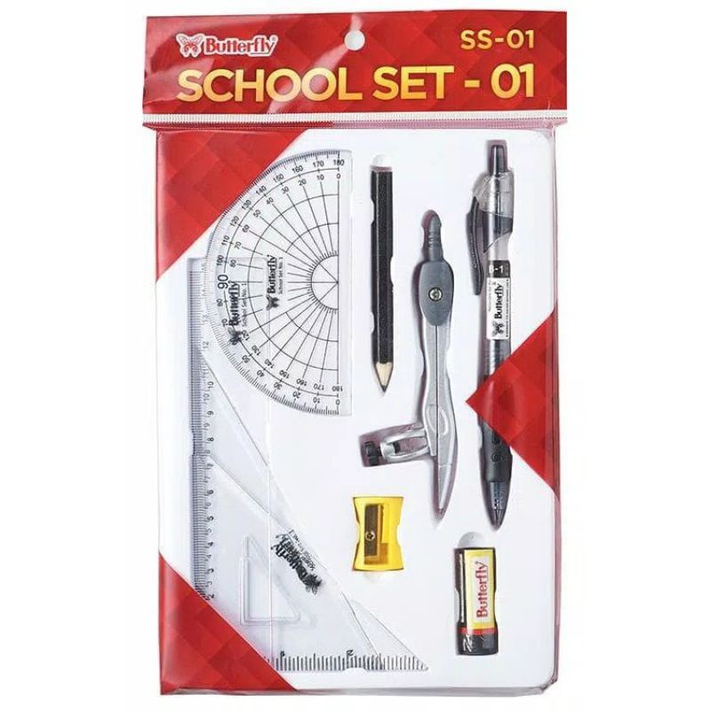 

Butterfly School Set / Paket Alat Tulis Lengkap Sekolah / Jangka Pulpen Penggaris Pensil Penghapus Rautan Set / Butt & Tj, School Set