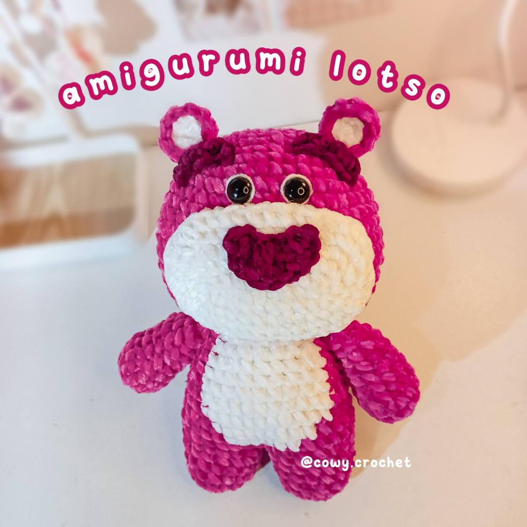 Amigurumi Lotso Besar dan Kecil, Boneka Rajut Lotso Toy Story Jumbo, Gantungan Kunci Lotso Lucu, Cut