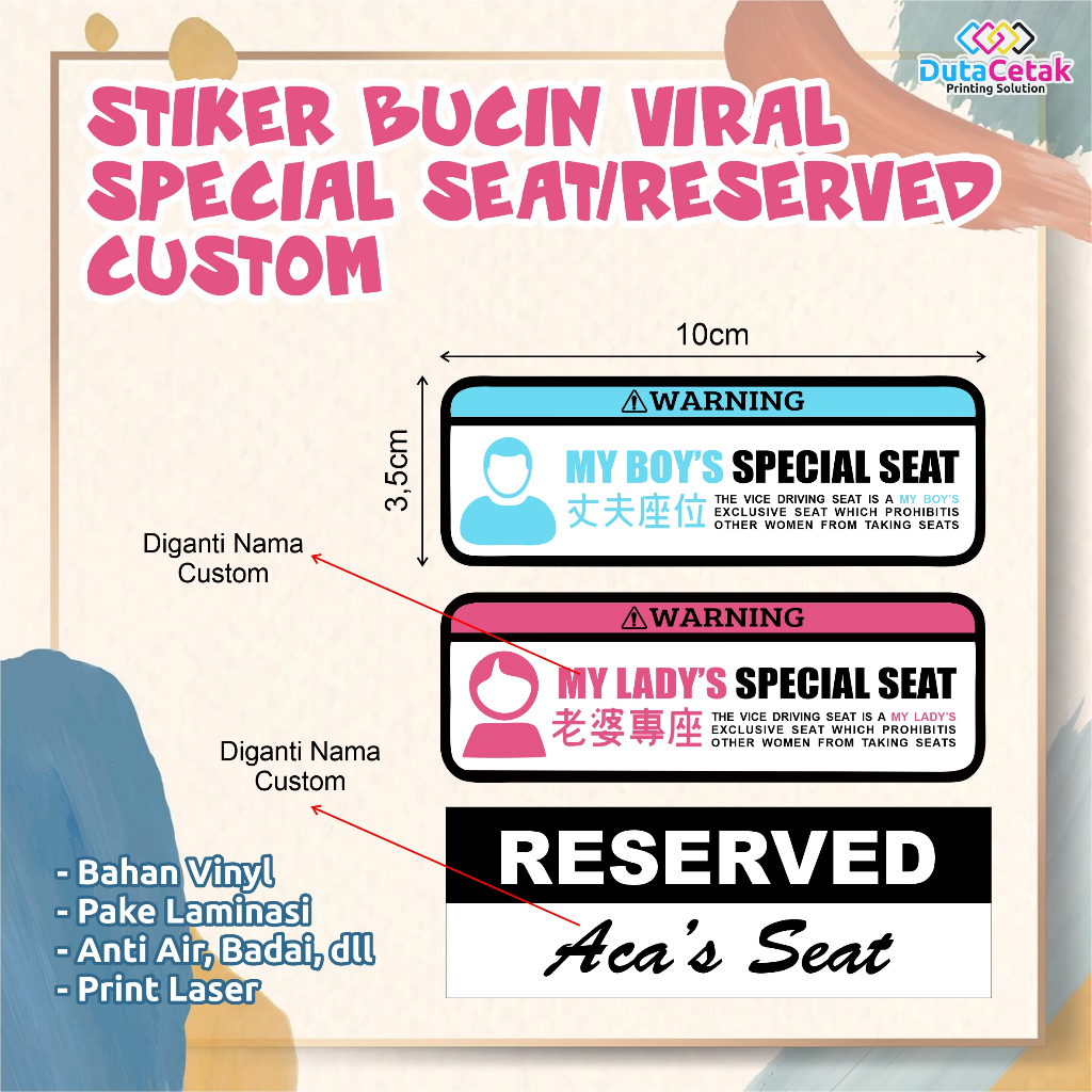

Cetak Stiker Special Seat Custom | Stiker Reserved | Stiker Bucin | Stiker Custom Viral