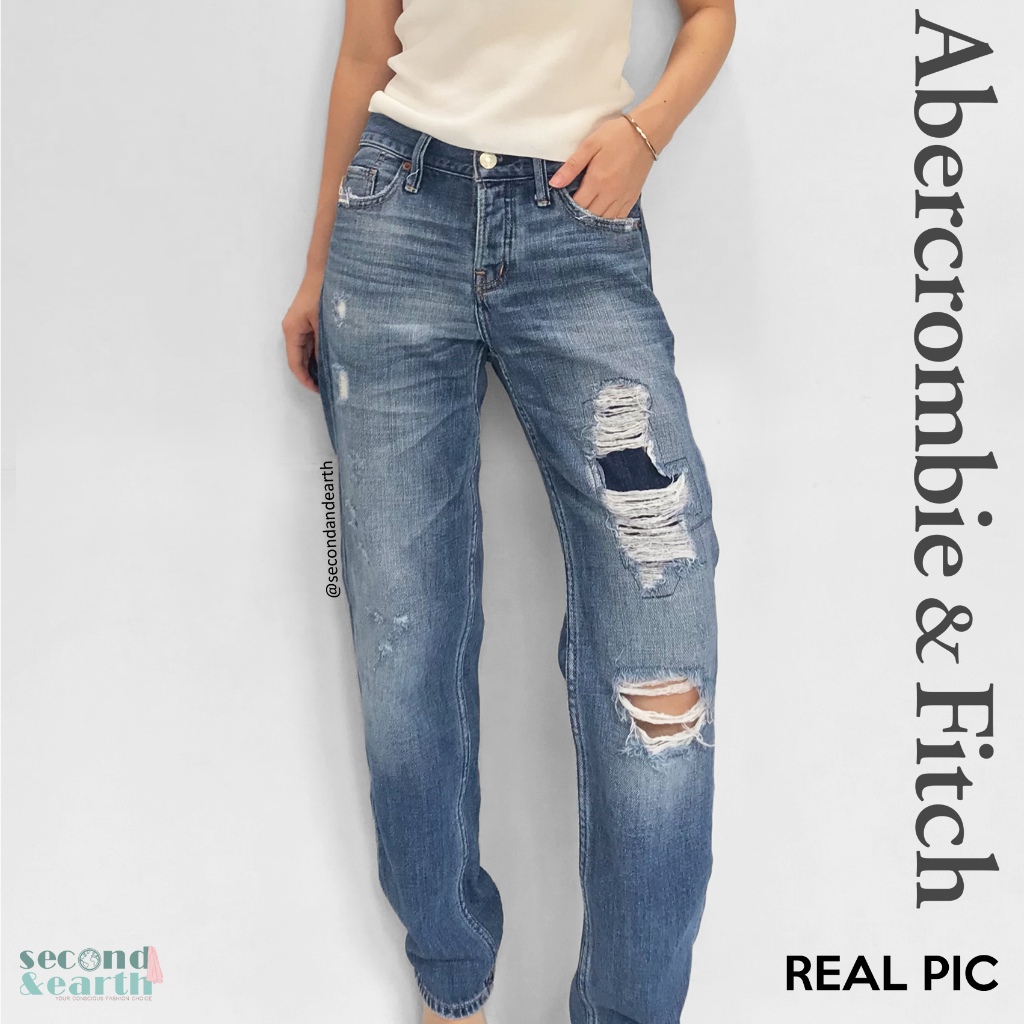 Abercrombie & Fitch Authentic Jeans (S-M) Low Waist Distress Jeans Boyfriend Jeans Biru Celana Panja