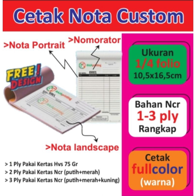 

(PROMO)Cetak Nota custom Murah 1/4 foliol(warna) 1ply,2ply,3ply (Rangkap)