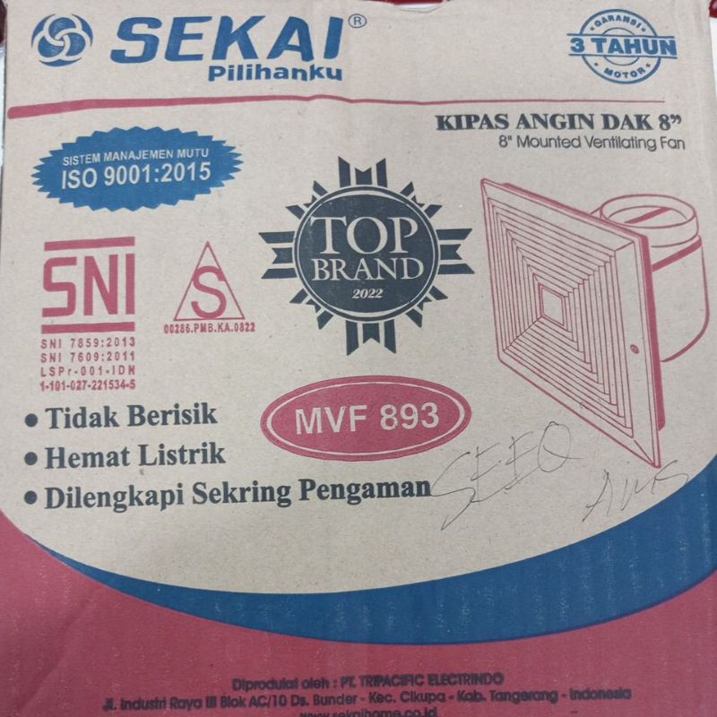 Sekai MVF-893 Kipas Exhaust Fan 8" / 8 Inci / 20 cm Plafon / Plafon MVF 893 / MVF893 - Putih