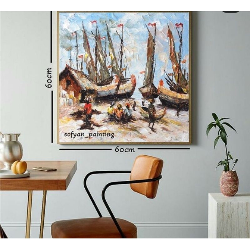 lukisan kapal 60x60cm include dengan frame/lukisan kanvas/lukisan tangan jumbo/lukisan abstrak