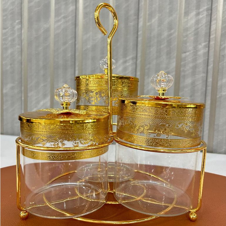 Toples Kaca Bening Set 3 Pcs + Rak / Toples Kue Lebaran Cantik / Toples Makanan Transparan Serbaguna