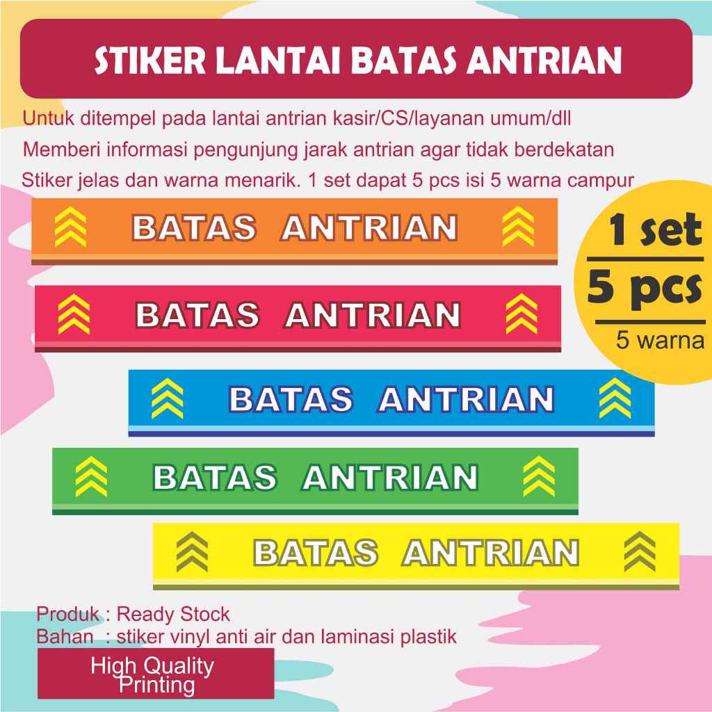 

STIKER LANTAI BATAS ANTRIAN 1 SET = 5 PCS = 5 WARNA