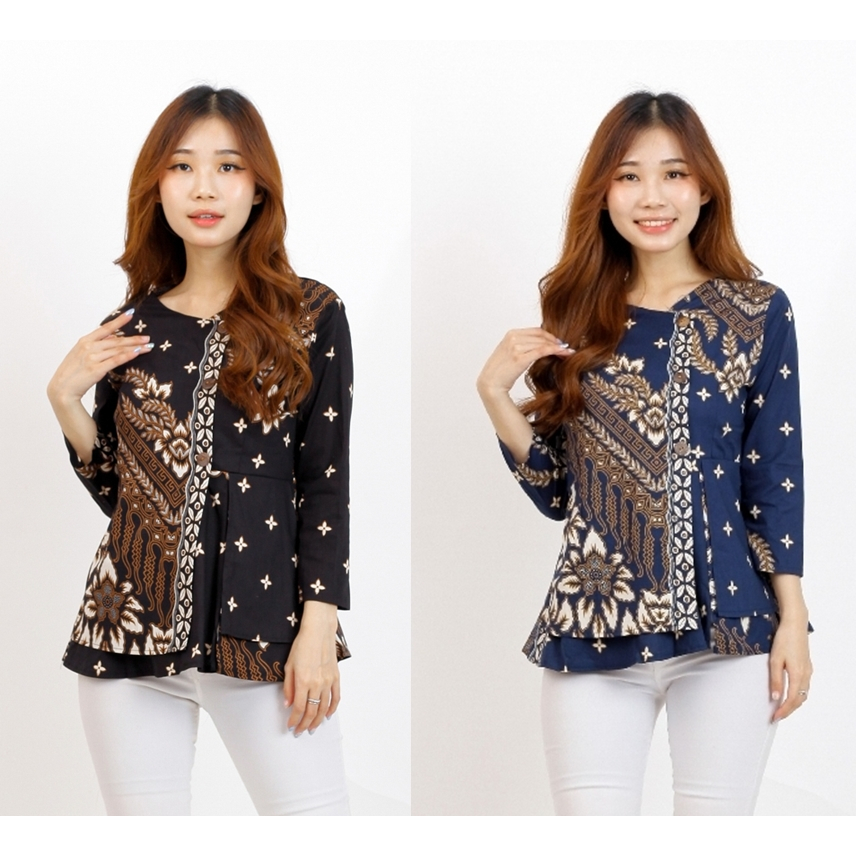 BAJU BLOUSE BATIK WANITA 184 BT BAJU BATIK HITAM BIRU NAVY PREMIUM MODERN KANTOR PESTA ELEGAN KEKINI