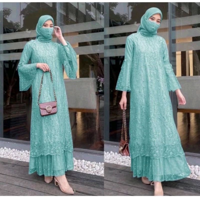 MAXY GELA NABILA BRUKAT BROKAT TILEDOT M L XL MAXI DRESS WANITA MEWAH KONDANGAN PESTA
