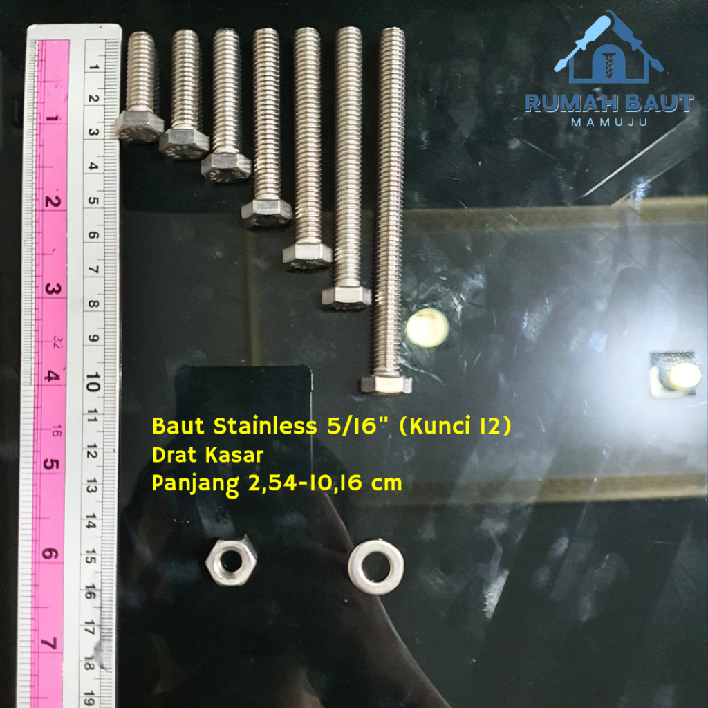 Baut Stainless 5/16" Kunci 12 (Drat Kasar) Panjang 2,54-10,16 cm