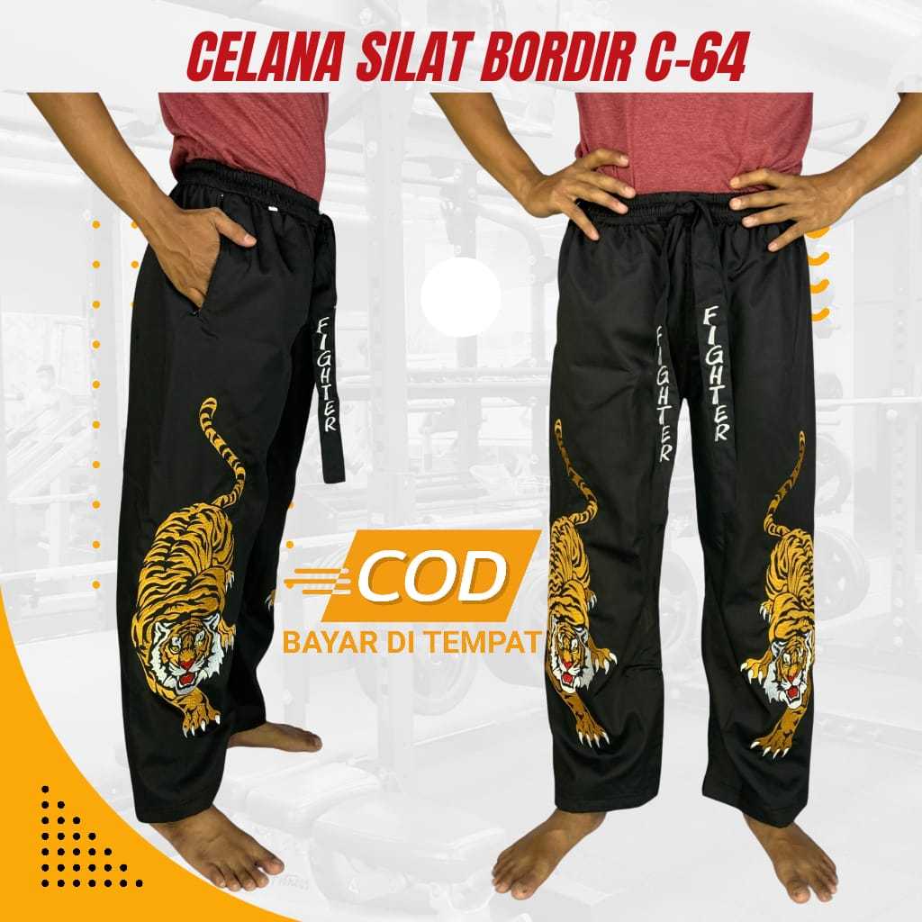Celana Silat Bordir Komprang Panjang Hitam Pangsi Kombor Motif Gambar Harimau Macan Kuning Untuk Pri