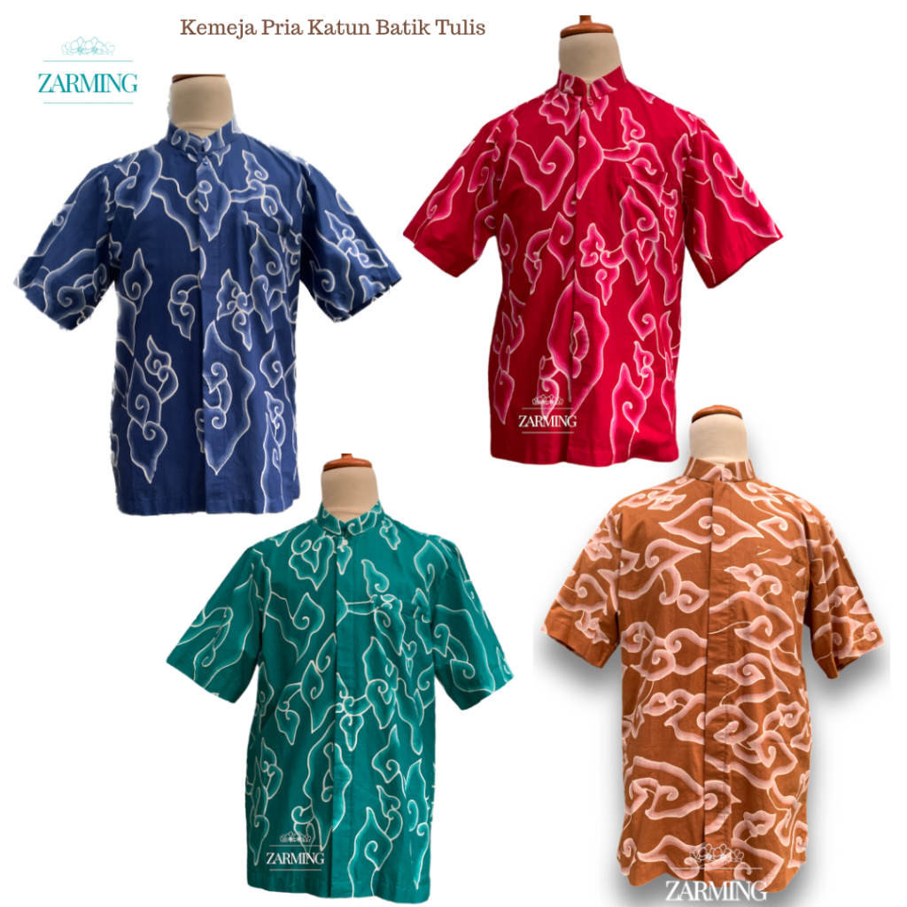 Zarming Kemeja Koko Pria Baju Muslim Pria  Batik Tulis Mega Mendung Katun Lengan Pendek