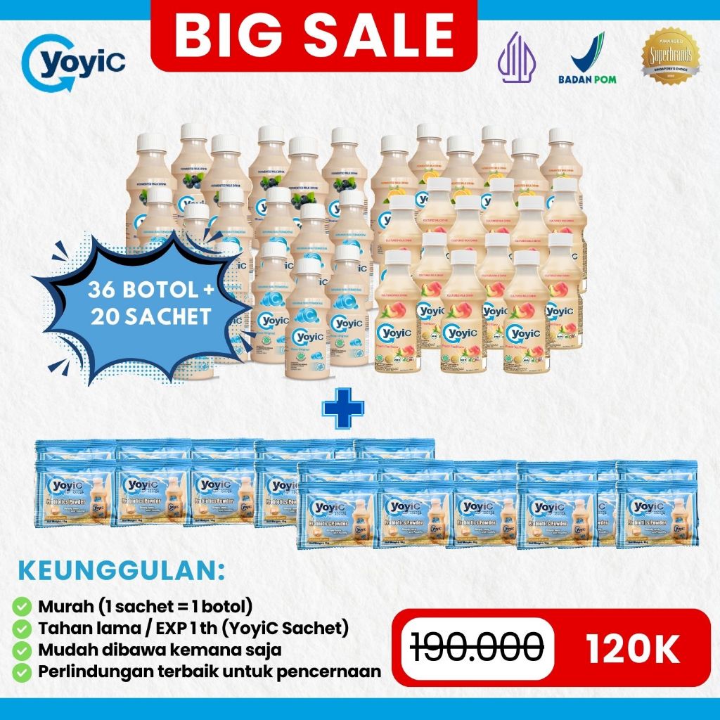 

PROMO SPESIAL [36 BOTOL + 20 BUNGKUS] 36 Botol Yoyic 130ml (PILIH VARIAN RASA) + 20 Bungkus YoyiC Sachet