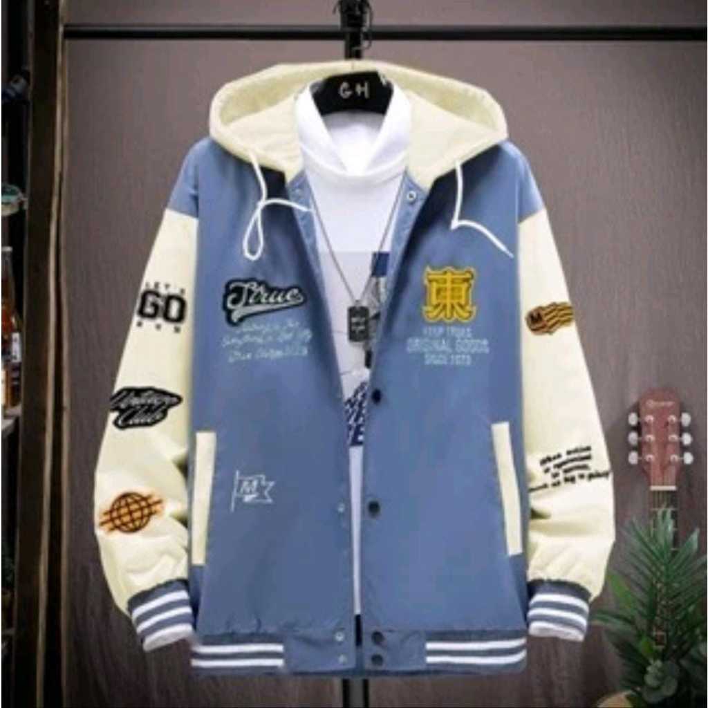 Jaket Baseball Varsity Denim Motif Full Bordir / Jaket Varsity Pria Wanita Vintage New Arrival Premi