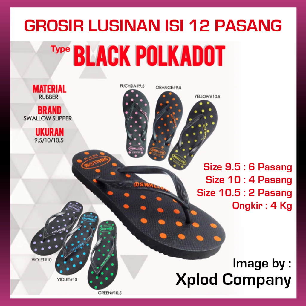 (12 Pasang) Grosir Lusinan Sandal Swallow Black Polkadot Ukuran Seri 9.5 – 10.5 Grosiran