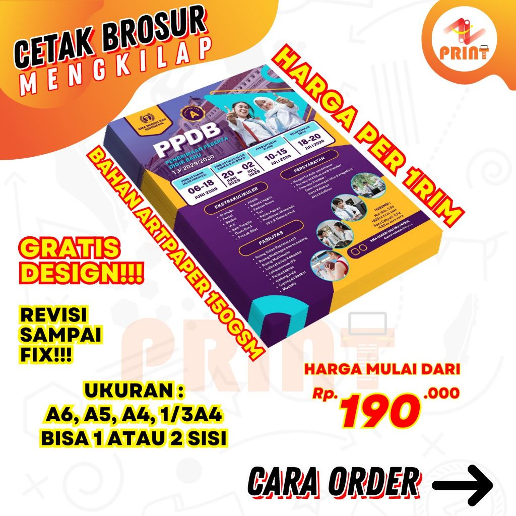 

PAKET CETAK BROSUR ARTPAPER 150GSM GRATIS DESIGN | HARGA PER 500LEMBAR | BAHAN MENGKILAP