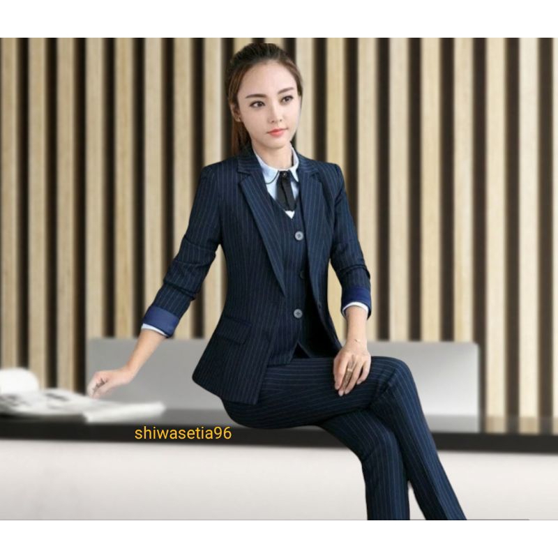 Setelan Blazer wanita Stylish Motif Salur /Setcel blazer wanita Korean/Jas Formal wanita