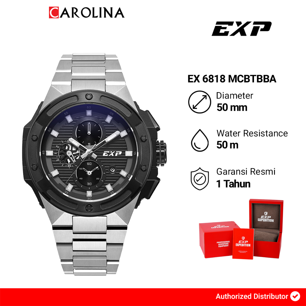 Jam Tangan Pria Expedition Exp Chronograph EX 6818 MCBTBBA Black Dial Stainless Steel Strap