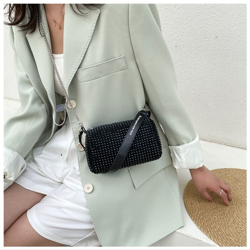 MY0028 Sling Bag Wanita Mini Tas Mutiara Manik Manik Tali Rantai Premium Import Silver Hitam