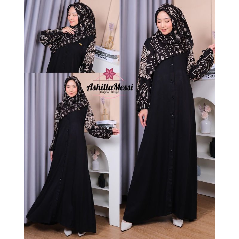 GAMIS ALMIRA SET HIJAB ORY ASHILLA MESSI GAMIS Rayon tuil Series HITAM