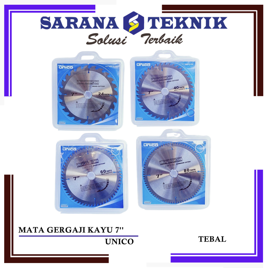 MATA GERGAJI SERKEL KAYU 7 INCH GIGI 24T, 40T, 60T, 80T UNICO TEBAL kualitas menengah