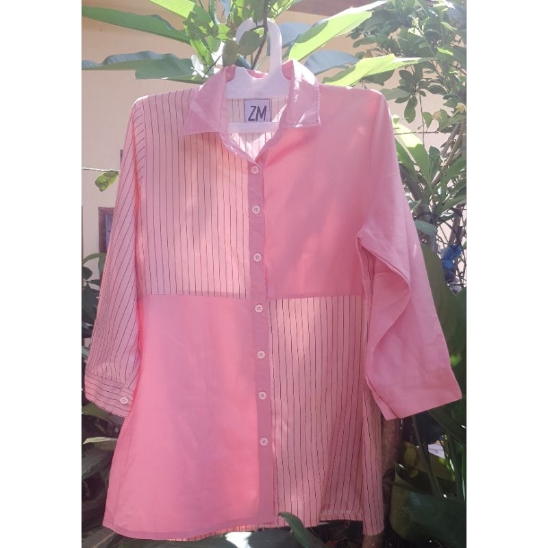 [Preloved] ZM Zaskia Mecca tunik pink kombinasi polos dan garis [Bonus jilbab]