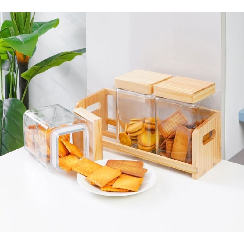 Toples Kotak Kaca Tutup Kayu 1,6Lt  set 3pcs INFORMA||Toples Unik Lebaran