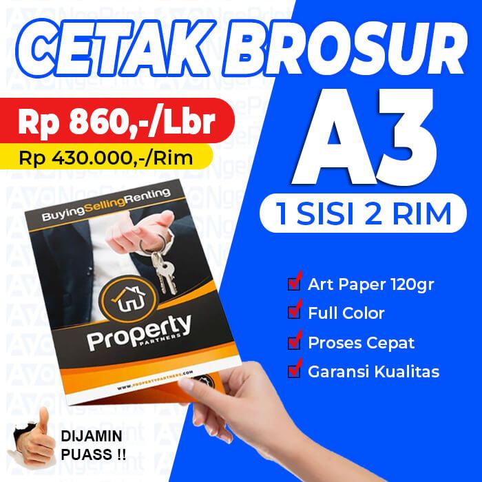 

Cetak Brosur A3 (1 Sisi ) 2 rim / 1.000 lbr | Print Poster Art Paper 120 gr Custom Murah !