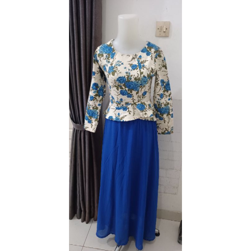 pl Longdress pesta Biru Scuba bunga Variasi rok bawah ceruti lebar Cantik berfuring