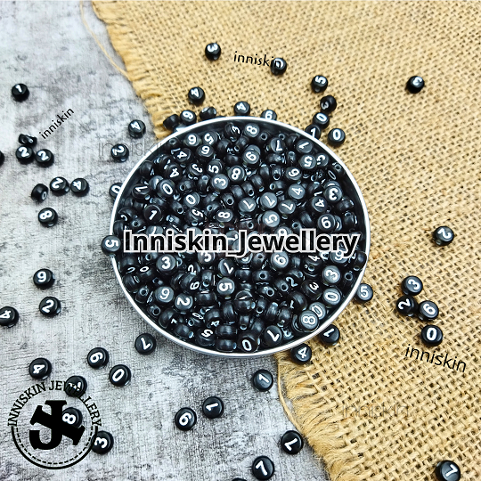 (100 PCS) Manik Bulat Hitam Angka / Manik Angka / Manik Meronce / Manik Gelang / Manik Cincin