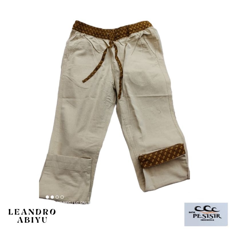 Celana Panjang Premium Pria Linen Tebal Warna Cream Kombinasi Batik