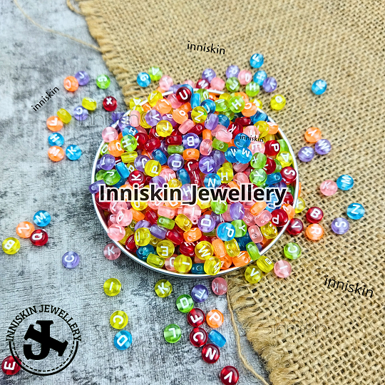 (100 PCS) Manik Bulat Huruf Warna Warni / Manik Meronce / Manik Gelang / Manik Cincin