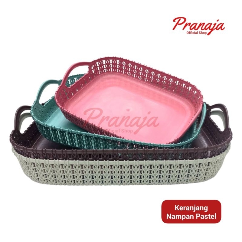 Keranjang Nampan Serbaguna Prada Warna Pastel Motif Rotan Anyam / Kotak Wadah Saji Makanan Minuman S