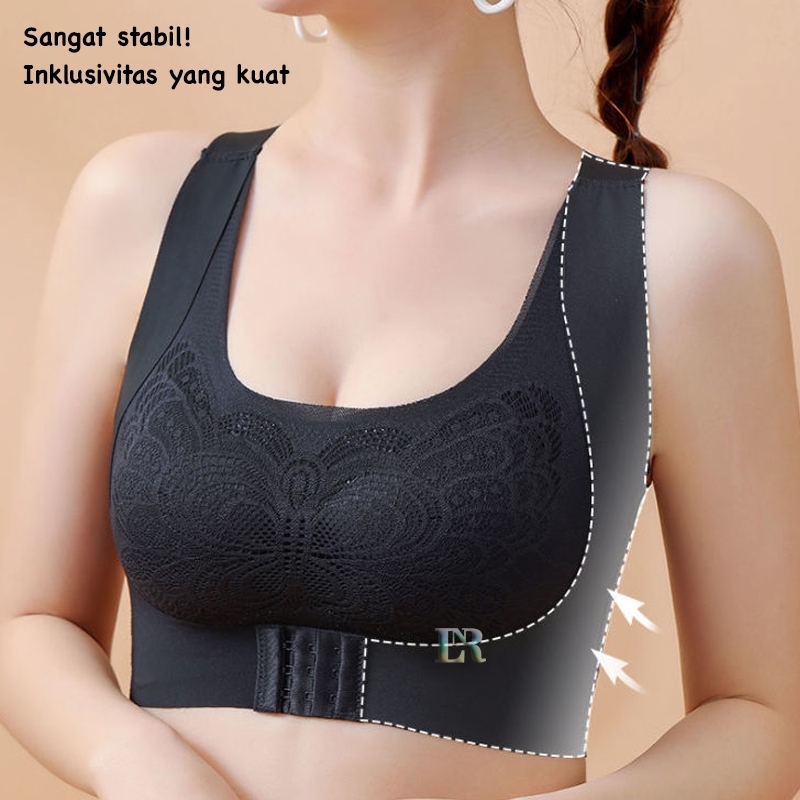 Bra Tanpa Kawat Motif Kupu-Kupu Kancing Depan Sport Seamless Bra Import Cup Pad Busa Tebal Size M-3X