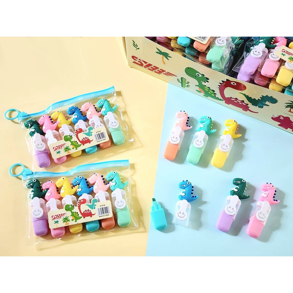 

Fancy Highlighter Set 6 Karakter Dino Stabilo Penanda Pastel 6 Warna Bentuk T-rex Lucu