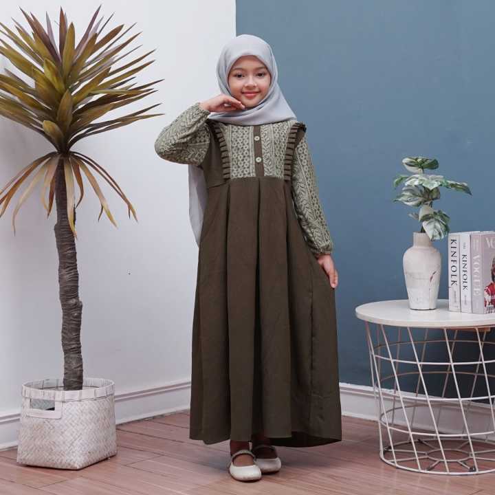 Gamis Anak Crinkle Airflow Mix Brokat Usia 7-12 Tahun / Pakaian Muslim Anak Perempuan / Gamis Anak C