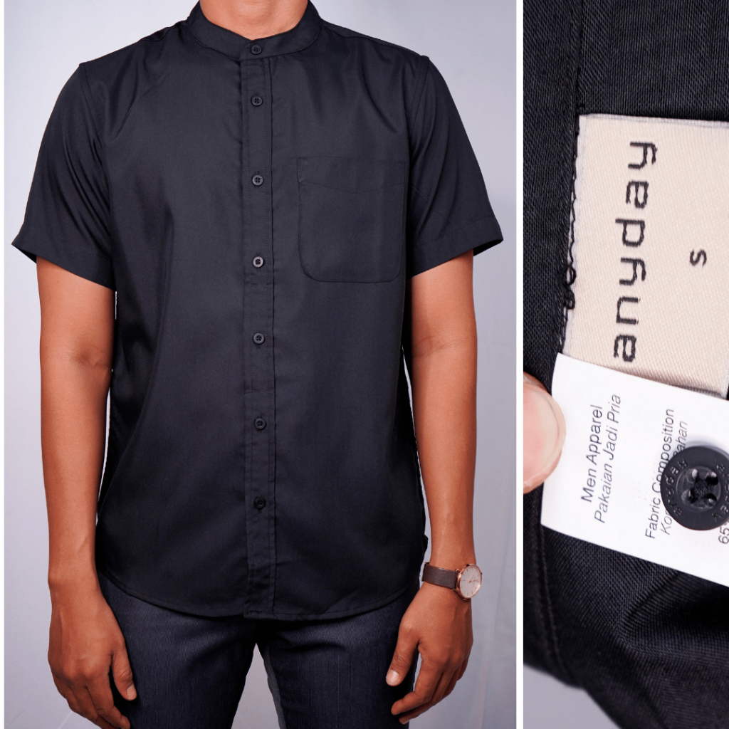 Baju Koko Pria Dewasa Lengan Pendek ANYDAY Hitam Polos | Pakaian Muslim Pria | Kemeja Koko