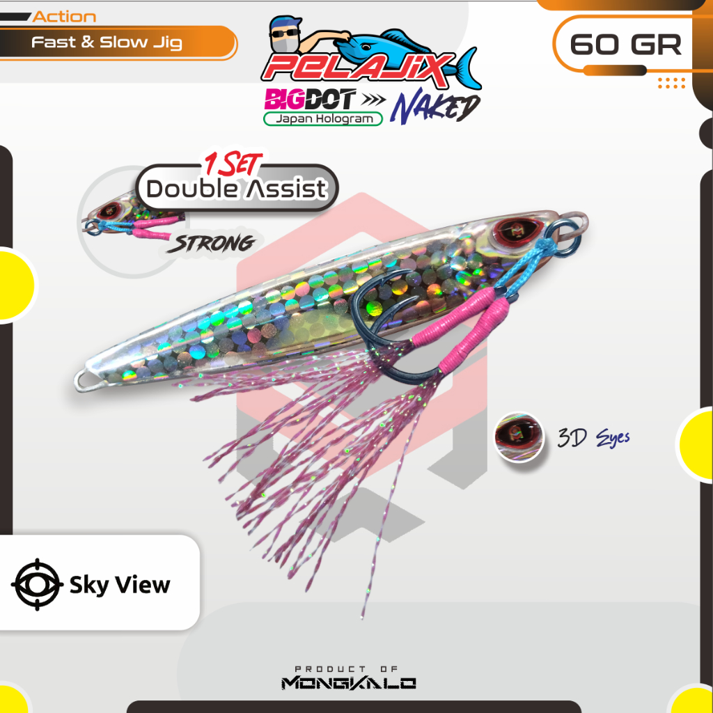 Metal Jig 60 Gram MONGKALO PELAJIX Hologram Naked 1 Set Double Assist Hook Umpan Metaljig 60g Silver