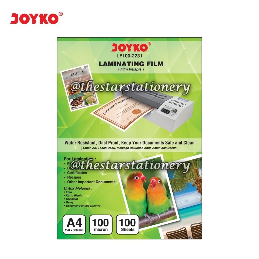 

(1 Pak Isi 100 Lembar) GROSIR Plastik Mika Laminating Film Joyko LF100-2231 A4 22 x 30.8 cm / Laminating Film / Plastik Laminating Joyko LF100-2231 (A4) / Joyko LF100 2231