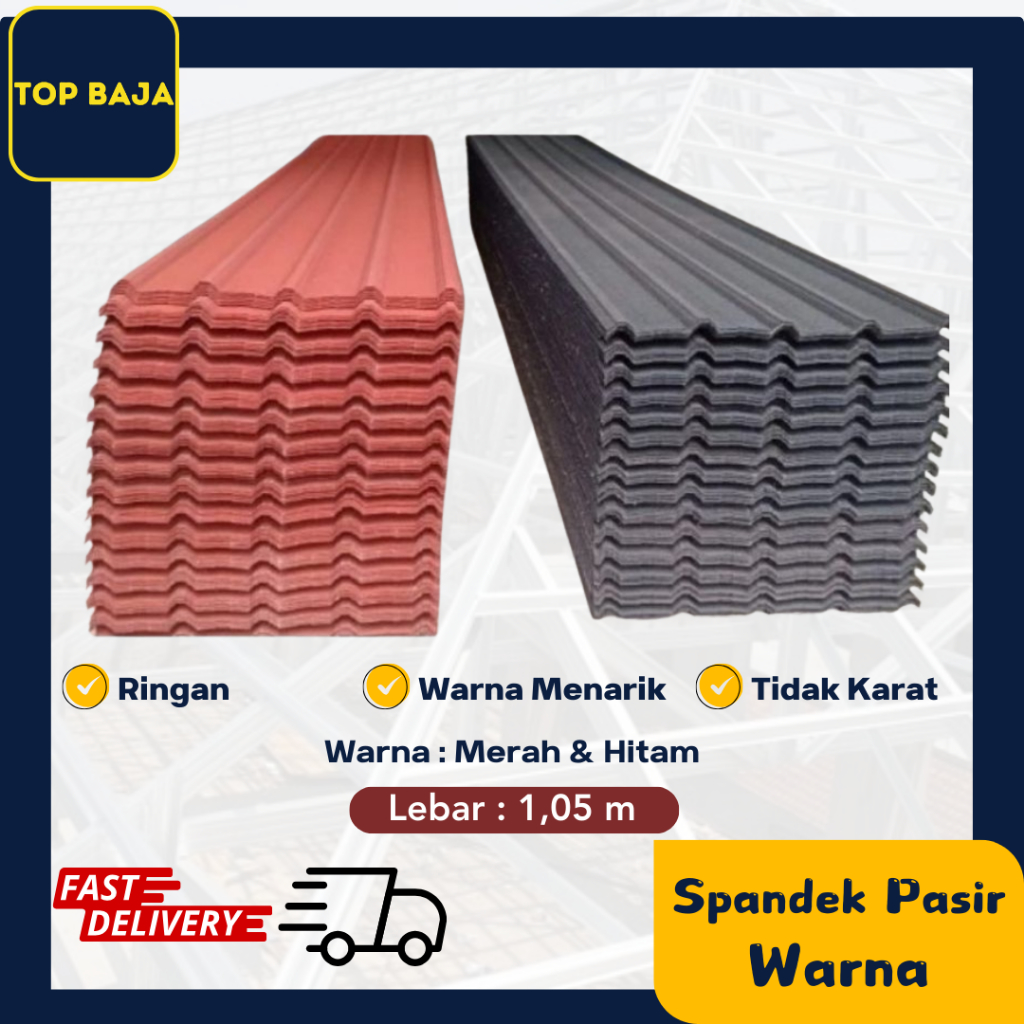 Spandek Pasir Warna merah dan hitam dengan rangka atap Baja Ringan Zincalume Lebar 1 meter panjang 4